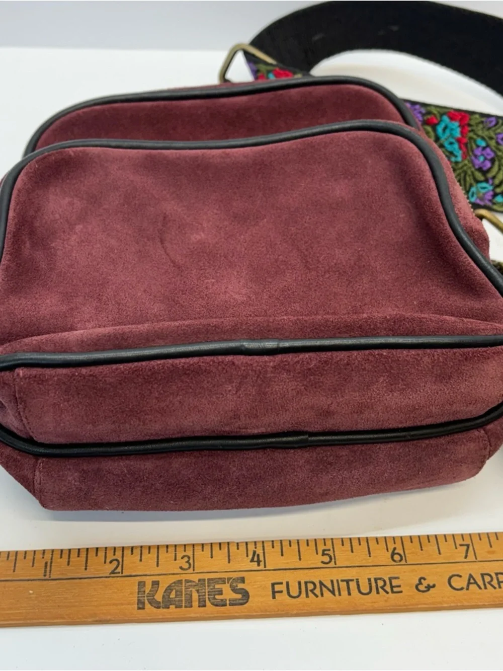 Rachel Comey Suede Maroon Red Crossbody Bump Bag Floral Strap Boho Preppy - Picture 7 of 7